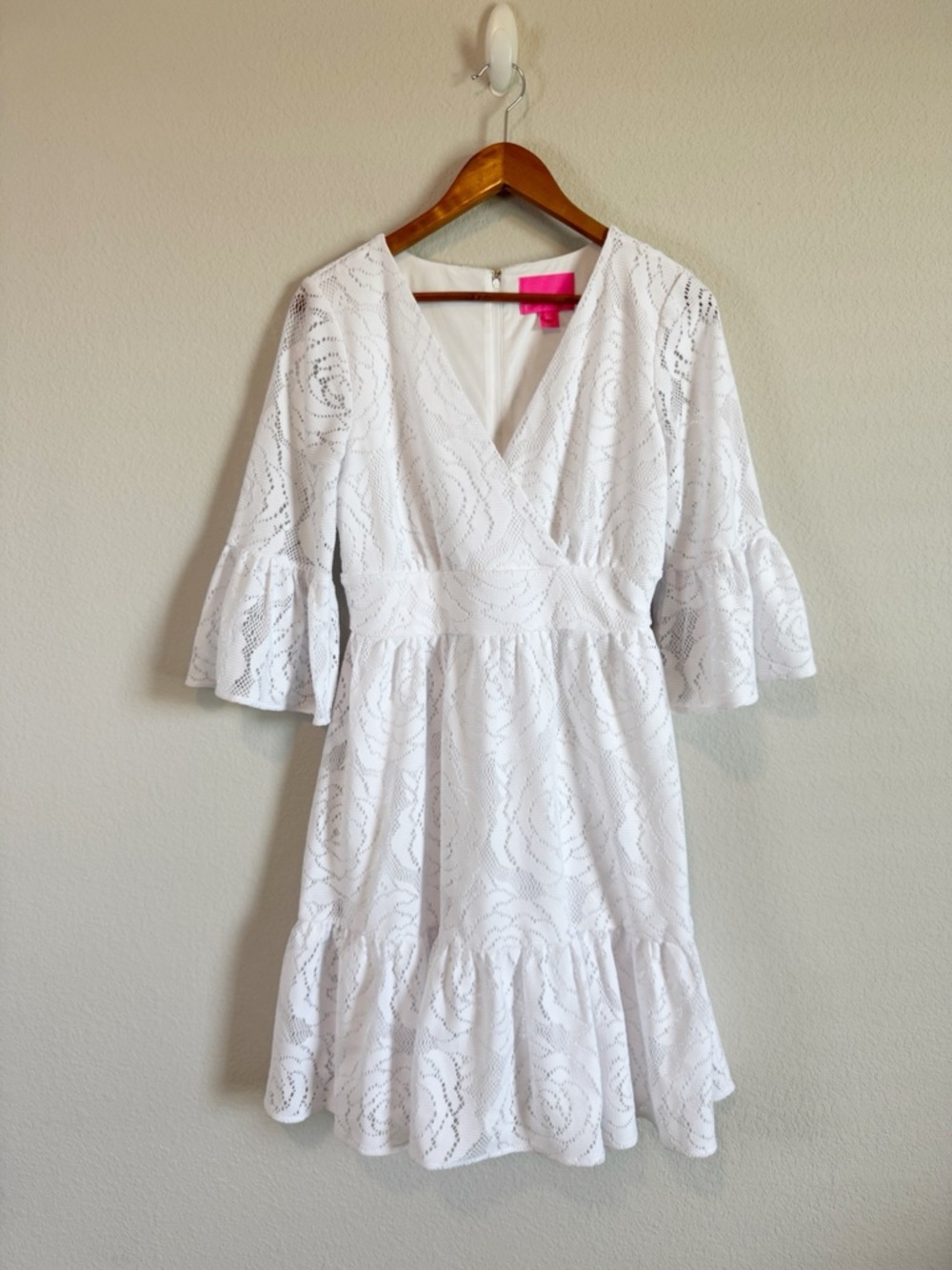 Lilly Pulitzer White Cecilia Floral Lace Faux Wrap Bell Sleeve Ruffle Dress 10
